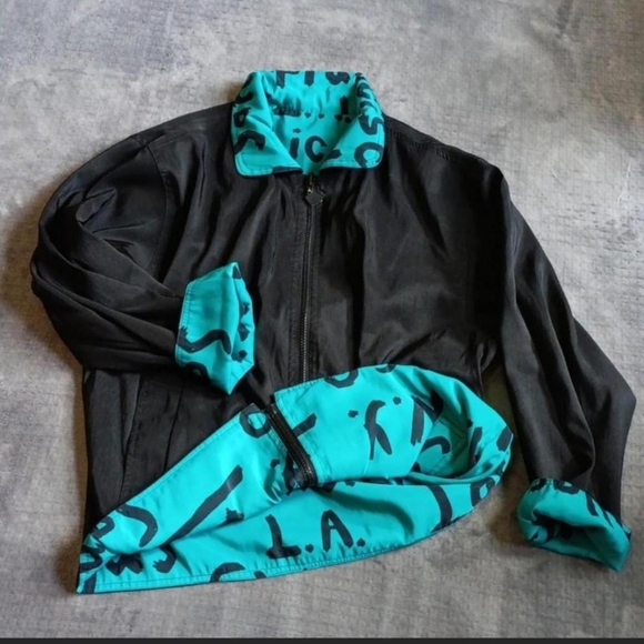 Vintage Jackets & Blazers - Vintage Reversible Teal Graphic Print City Jacket, L.A. N.Y. Miami San Francisco